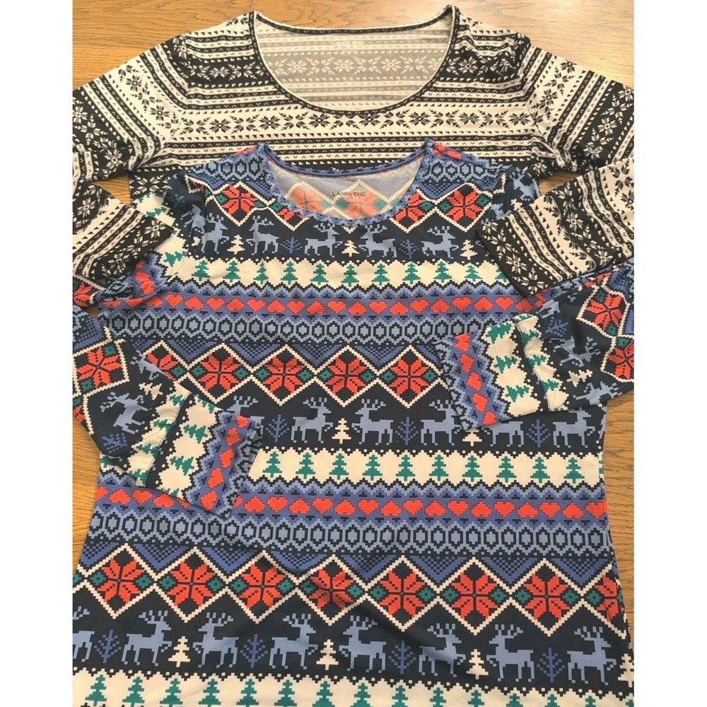 Lands End X-Mas Long Sleeve Boat Neck Polyester Stretch Tops Lot Of 2